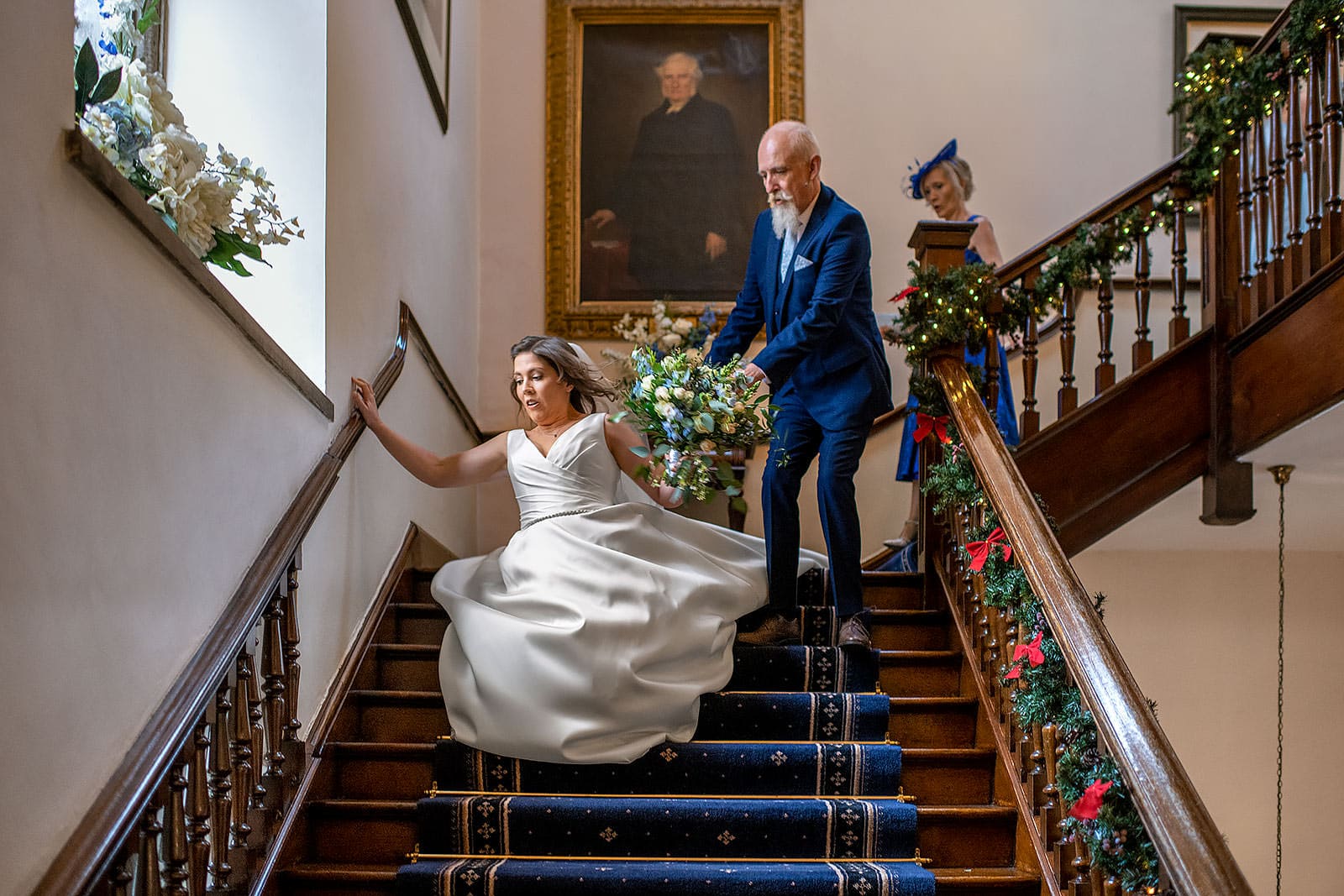 Bride falling down the stairs at Clearwell Castle
